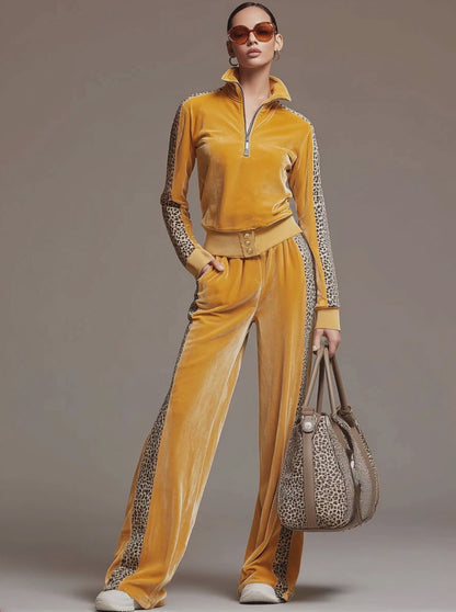 Casual Sporty Retro Leopard Print Trim Yellow Velvet Sweatshirt Wide-Leg Pants Set