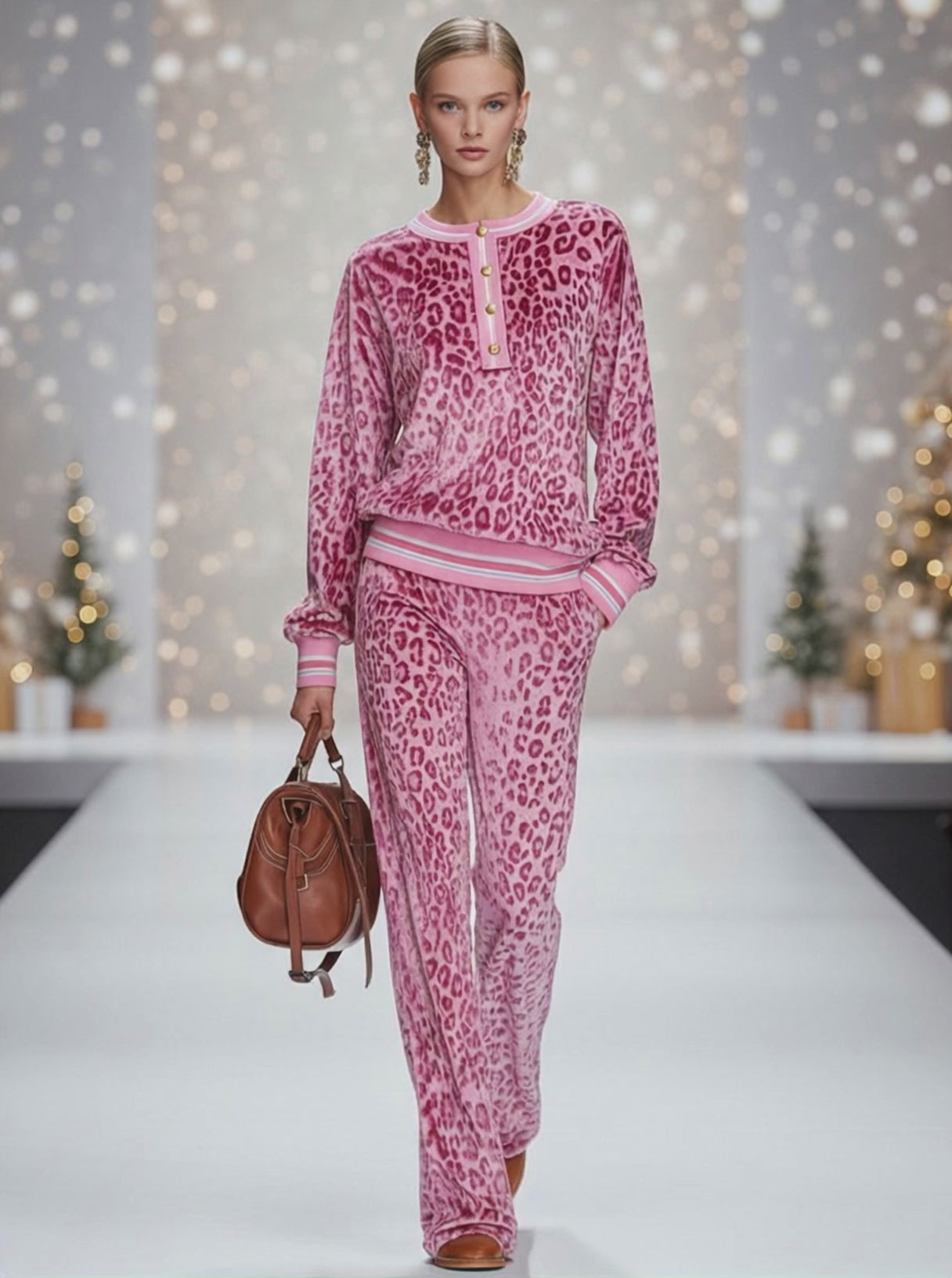 Casual Sporty Retro Pink Velvet Leopard Print Sweatshirt And Wide-Leg Pants Set