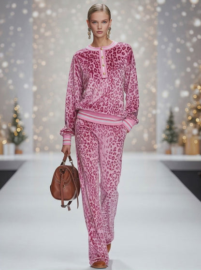 Casual Sporty Retro Pink Velvet Leopard Print Sweatshirt And Wide-Leg Pants Set