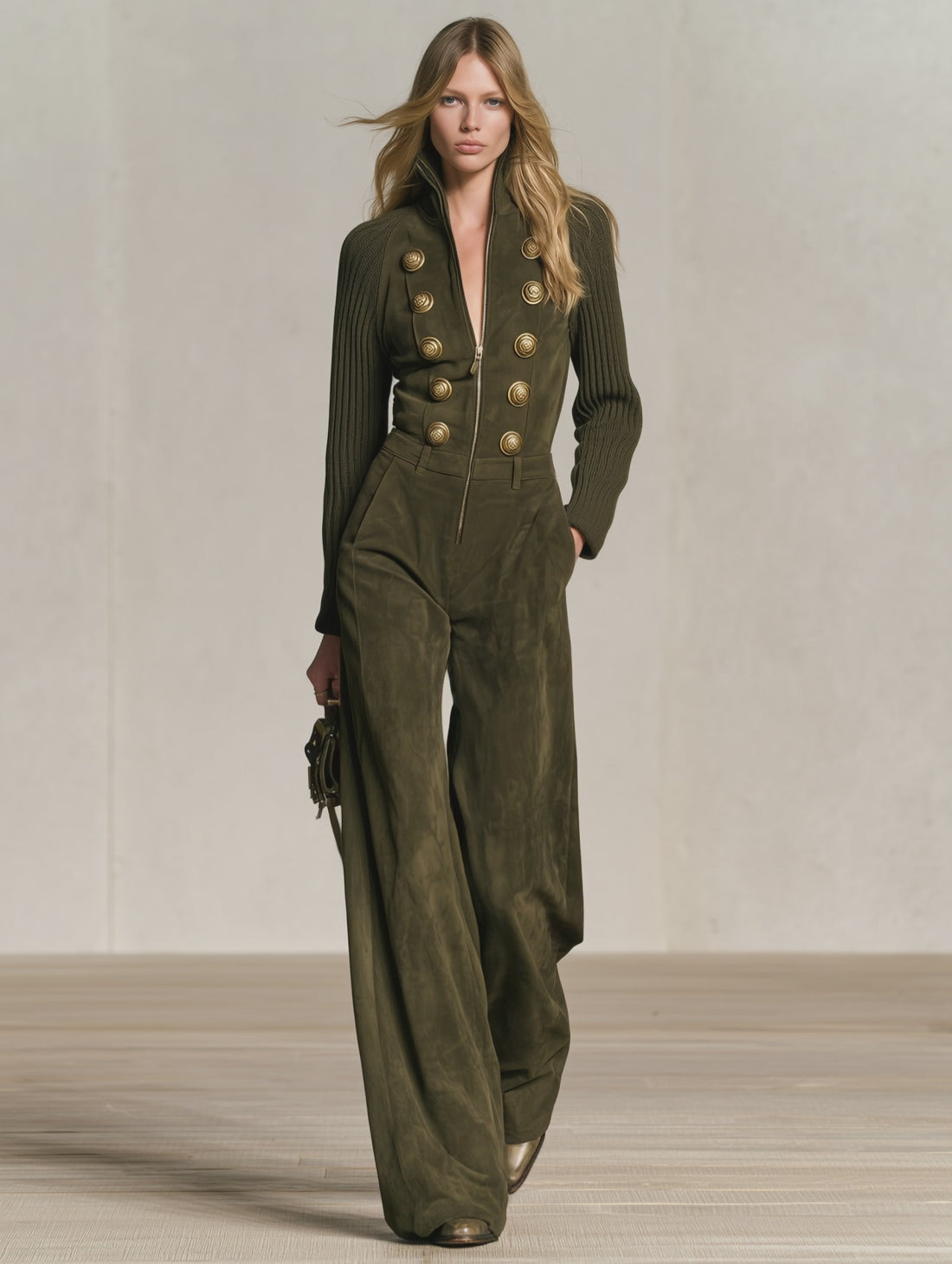Retro-casual Elegant Faux-suede Jumpsuit With Raglan Knit Sleeves