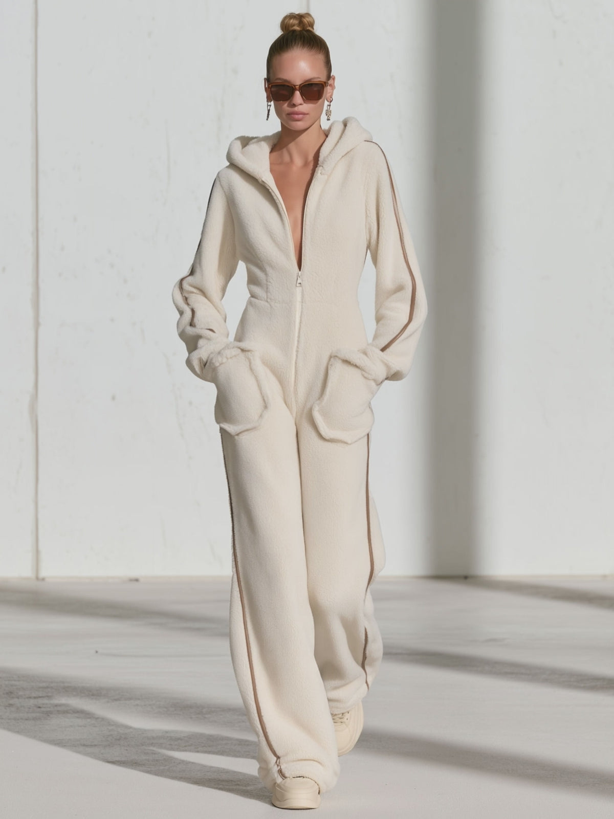 Casual Warm Fleece Color Block Long-Sleeved Hooded Jumpsuit