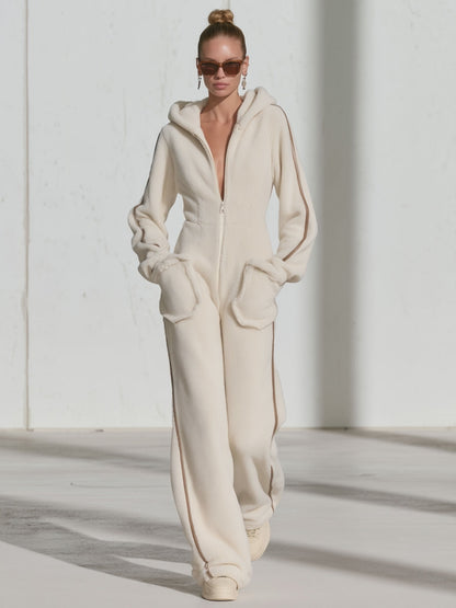 Casual Warm Fleece Color Block Long-Sleeved Hooded Jumpsuit
