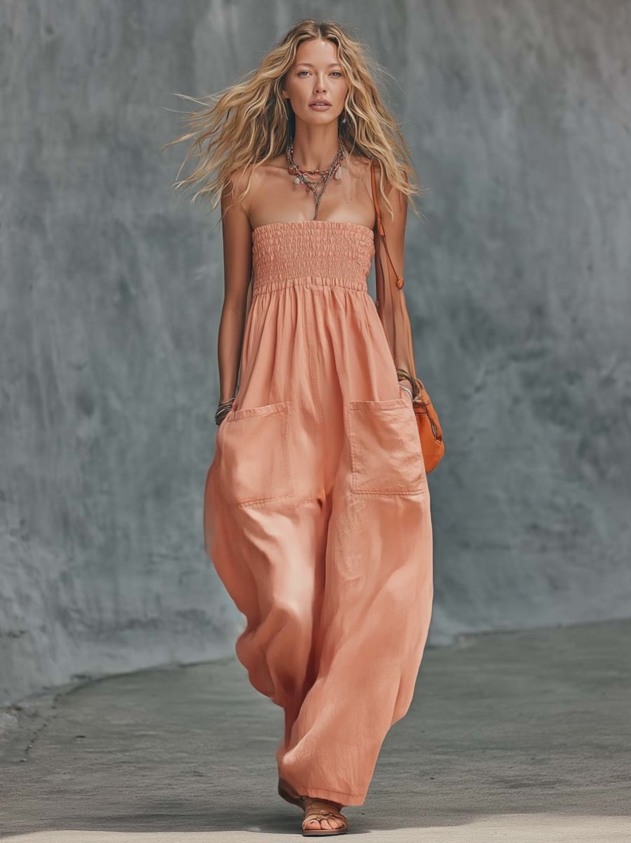 Leisure And Vacation Strapless Orange-Pink Cotton Jumpsuit