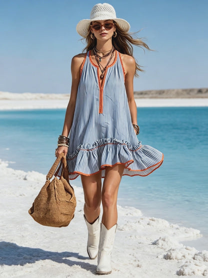 Casual Retro Ruffled Red And White Striped Cotton Linen Sleeveless Mini Dress