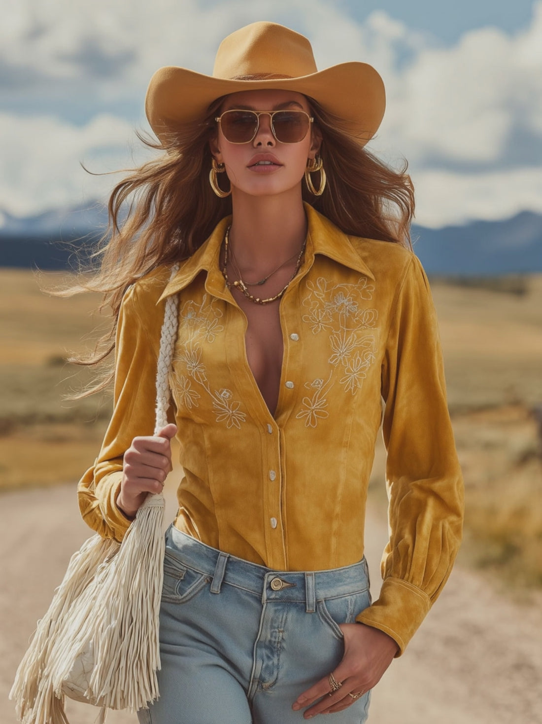 Western Retro Yellow Faux Suede Embroidered Long-Sleeved Shirt