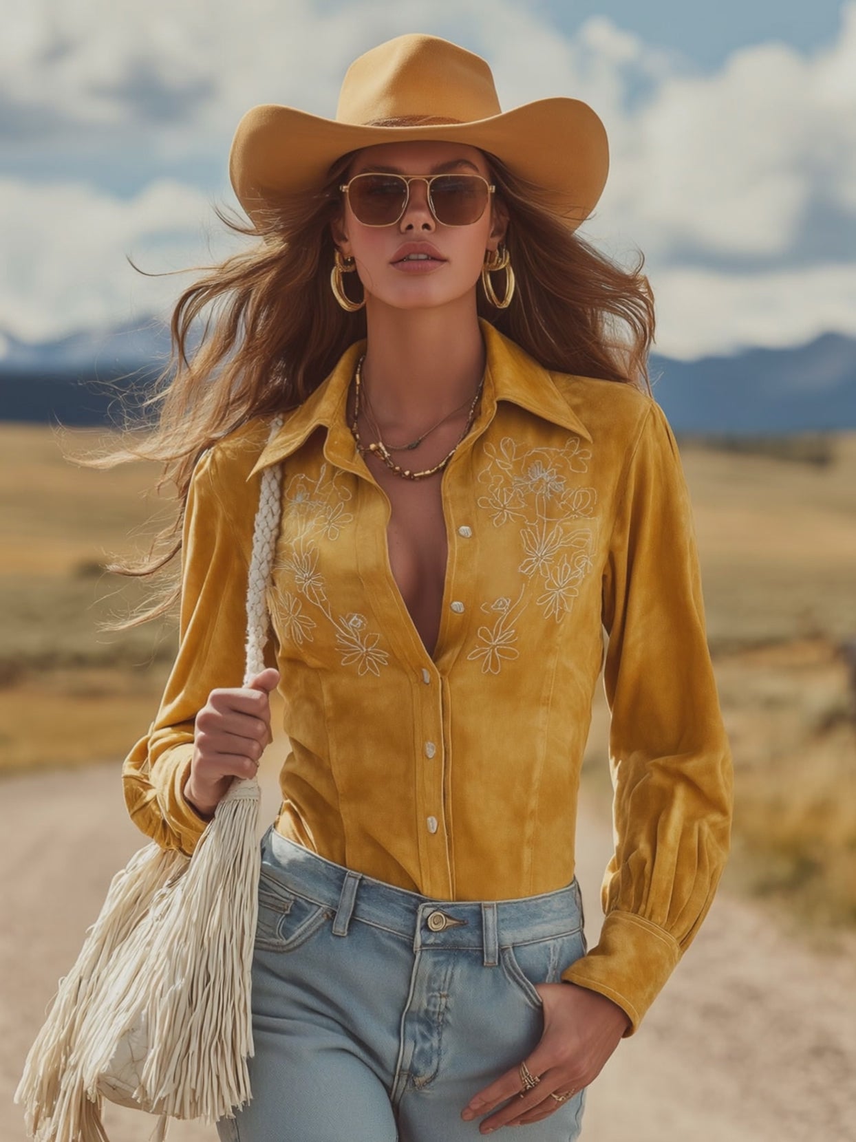 Western Retro Yellow Faux Suede Embroidered Long-Sleeved Shirt