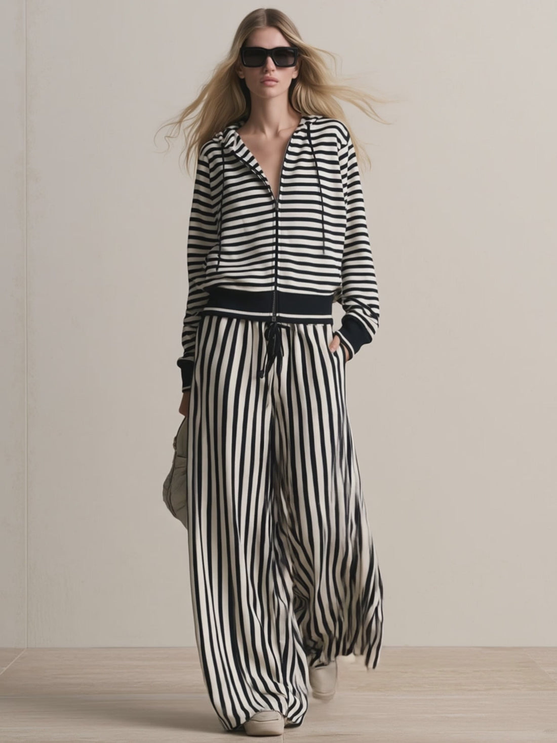 Retro Sporty Black And White Striped Cotton Cardigan And Pants Set