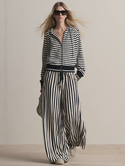 Retro Sporty Black And White Striped Cotton Cardigan And Pants Set