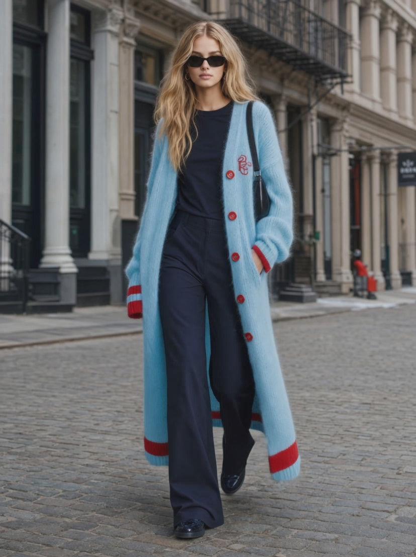 Lazy Casual Red Trim Light Blue Knitted Maxi-style Cardigan