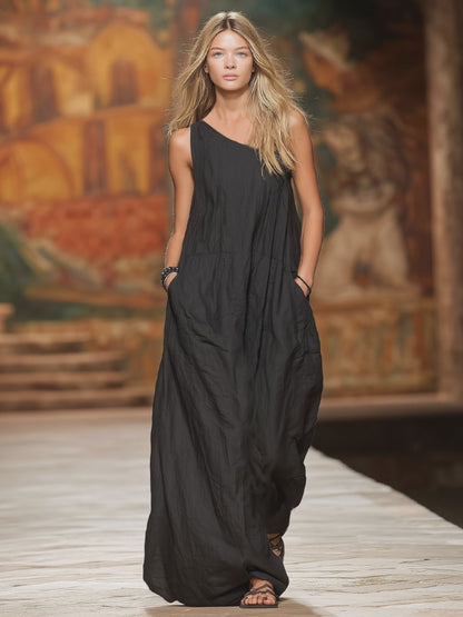 Slanted Collar Double-pocketed Cotton And Linen Sleeveless Maxi Dress