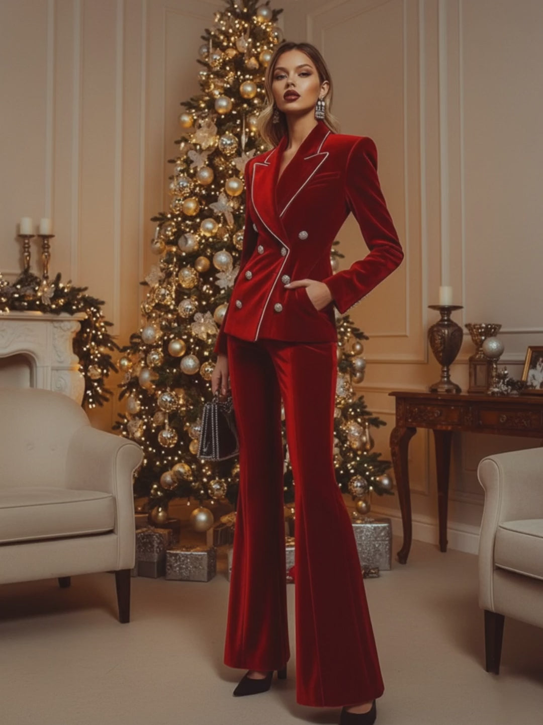 【24-hour shipping】High-End Fashion Red Velvet Suit With Silver Trim