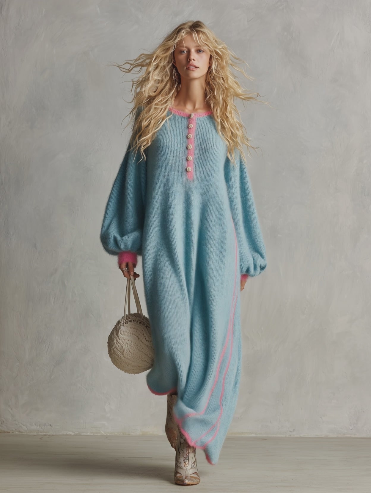 Retro Lazy Exquisite Round Neck Front Button Light Blue Imitation Rabbit Fur Knitted Maxi Dress