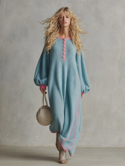 Retro Lazy Exquisite Round Neck Front Button Light Blue Imitation Rabbit Fur Knitted Maxi Dress