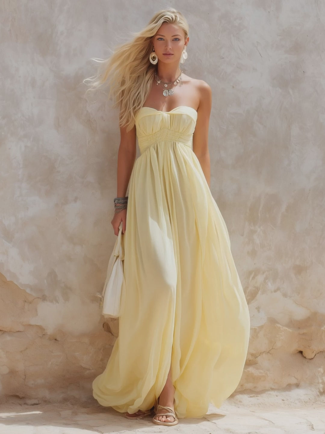 Elegant Light Yellow Elastic Waist Sleeveless Maxi Dress