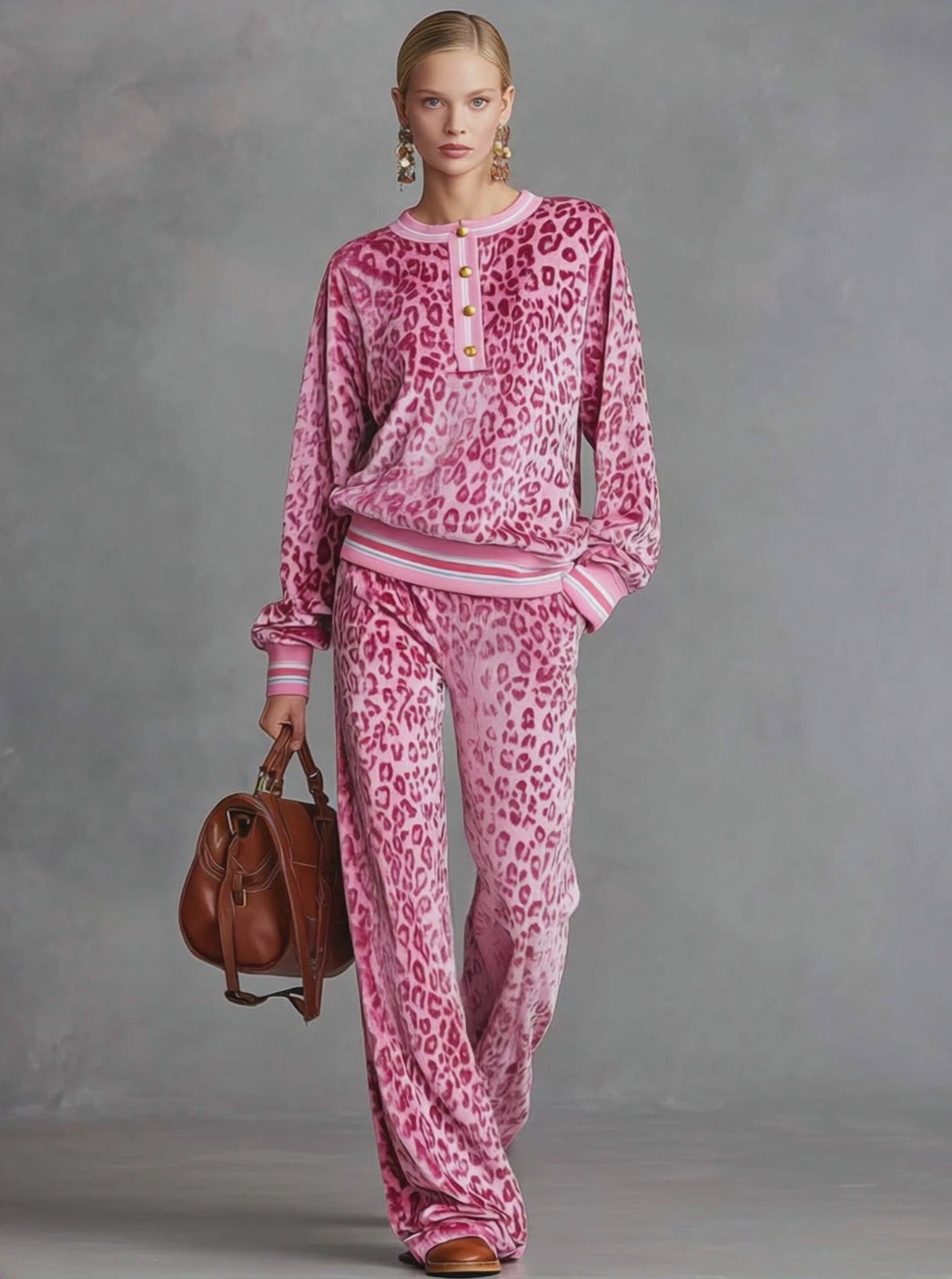 Casual Sporty Retro Pink Velvet Leopard Print Sweatshirt And Wide-Leg Pants Set