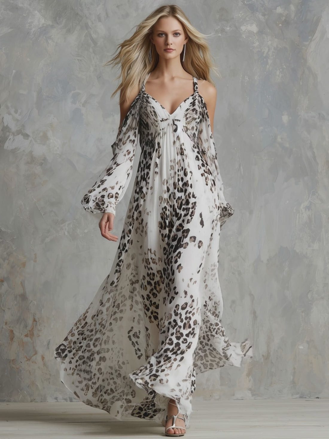 V-neck Off-the-shoulder Leopard Print Chiffon Long-sleeved Maxi Dress
