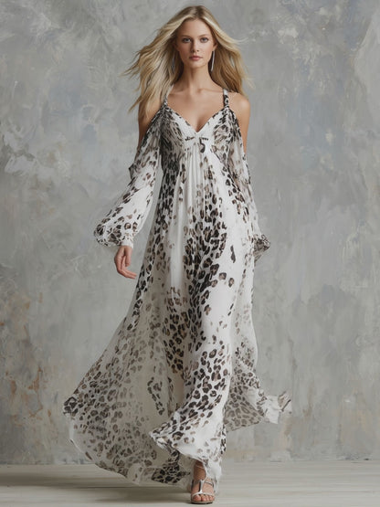 V-neck Off-the-shoulder Leopard Print Chiffon Long-sleeved Maxi Dress