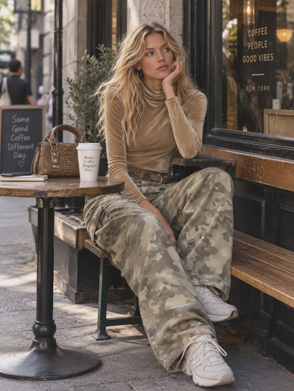 Retro Casual Khaki Top And Camouflage Cargo Pants Velour Set