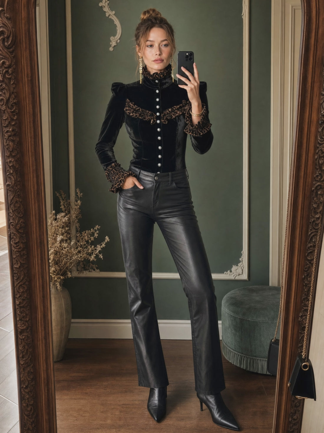 Stylish Retro Brown Leopard Print Ruffled Black Velvet Long-Sleeve Shirt