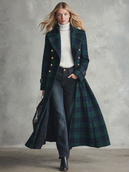 Retro Elegant Green Plaid Double-Breasted Gold-Button Flared Long Coat