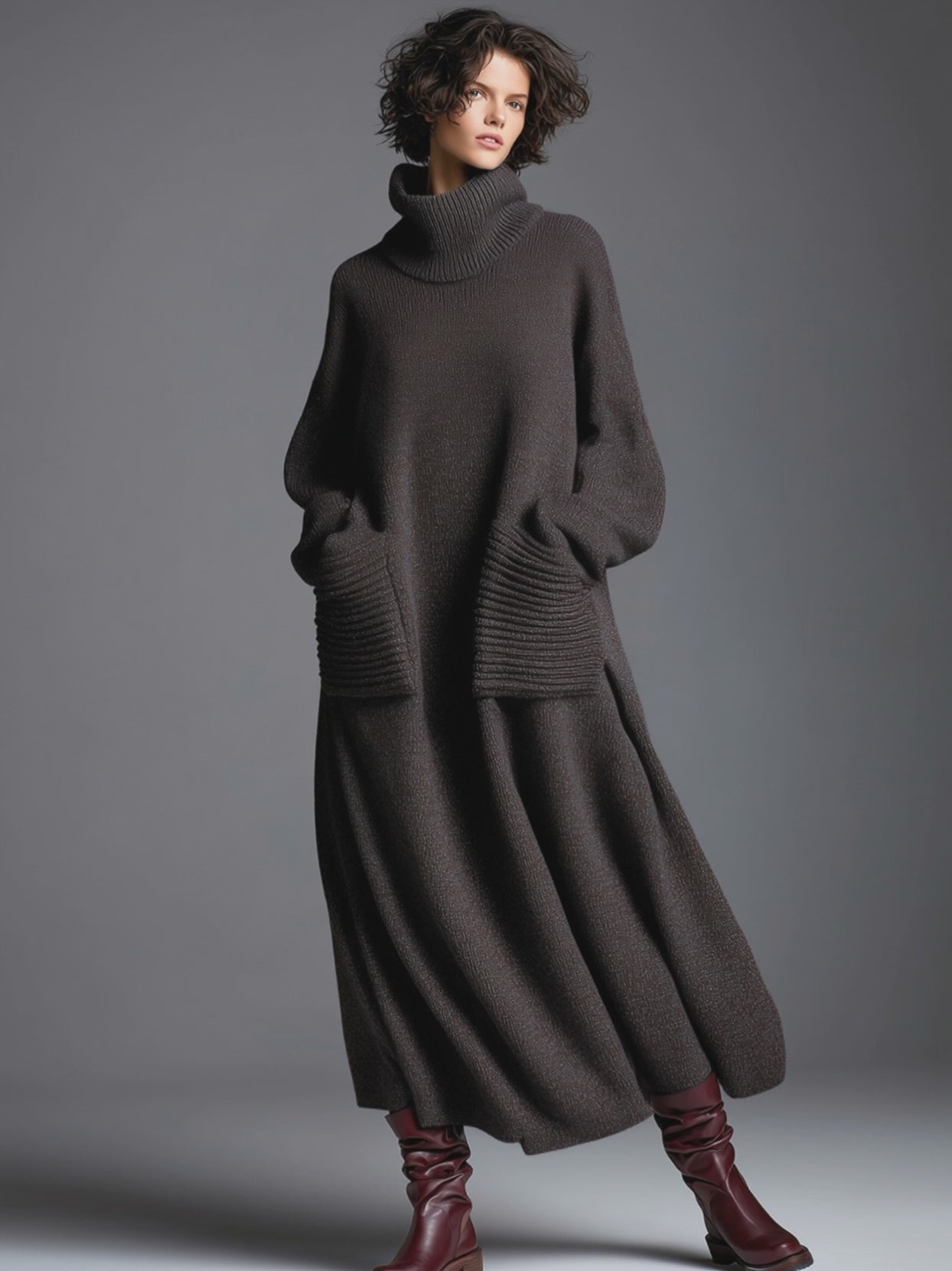 High-end Fashionable Loose Neckline Brown Knitted Maxi Dress