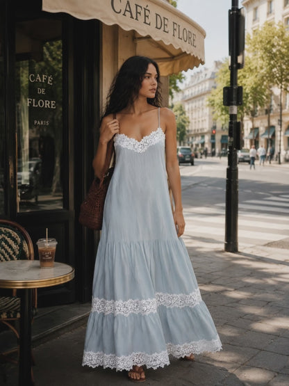 Boho Vacation Style Lace Trim Light Blue Cotton-linen Maxi Dress