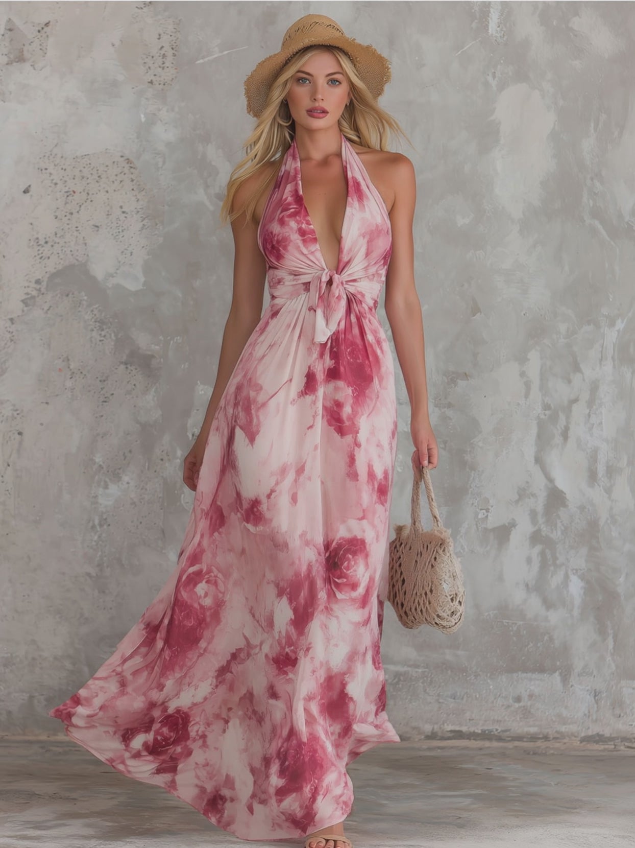 Elegant Retro Pink Rose Print V-neck Sleeveless Chiffon Maxi Dress