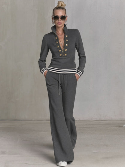 Fashionable Sporty Grey Half-zip Button Sweatshirt And Wide-leg Pants Set