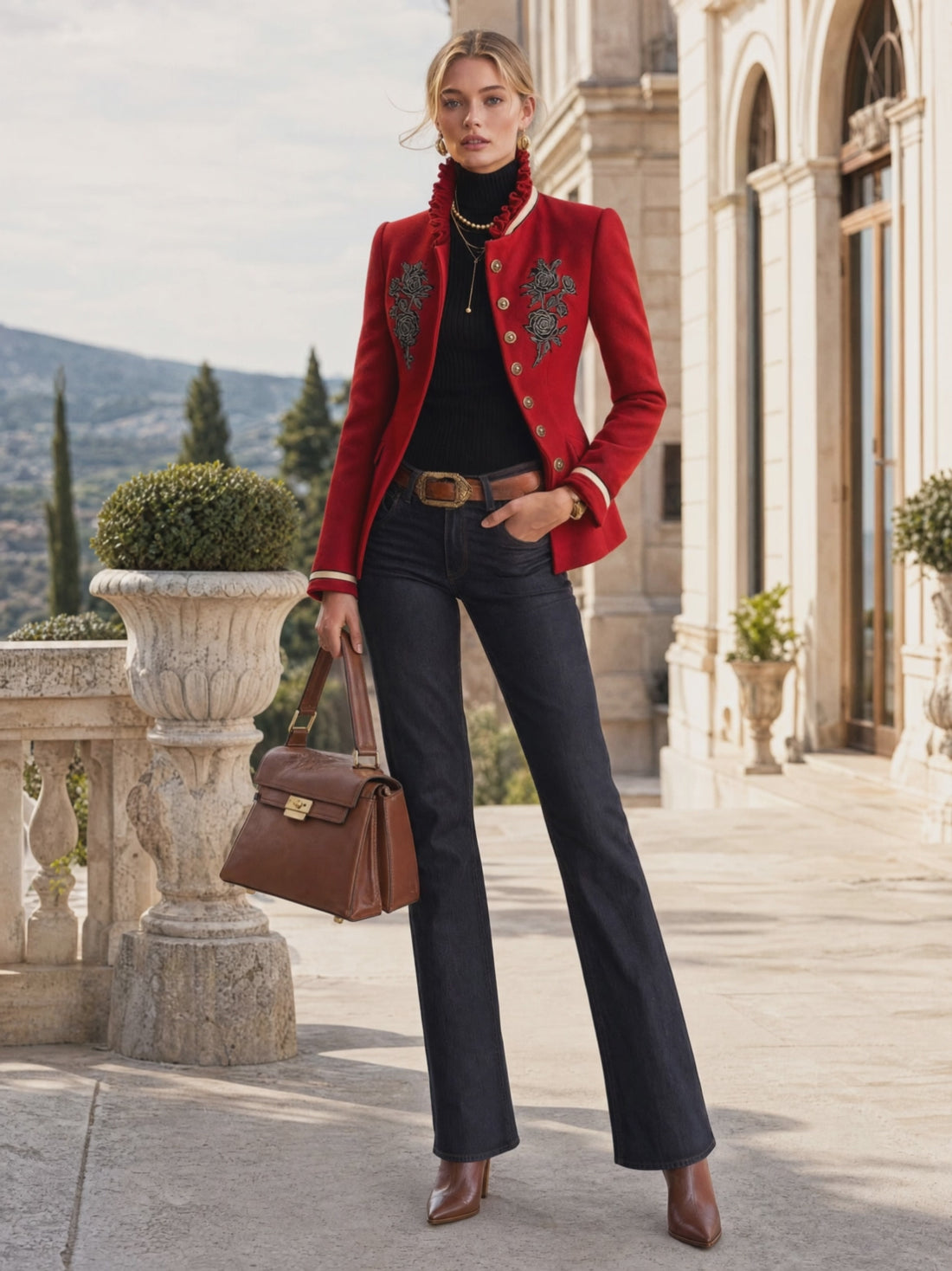 Ruffled Stand-up Collar Single-breasted Rose Embroidered Jacket