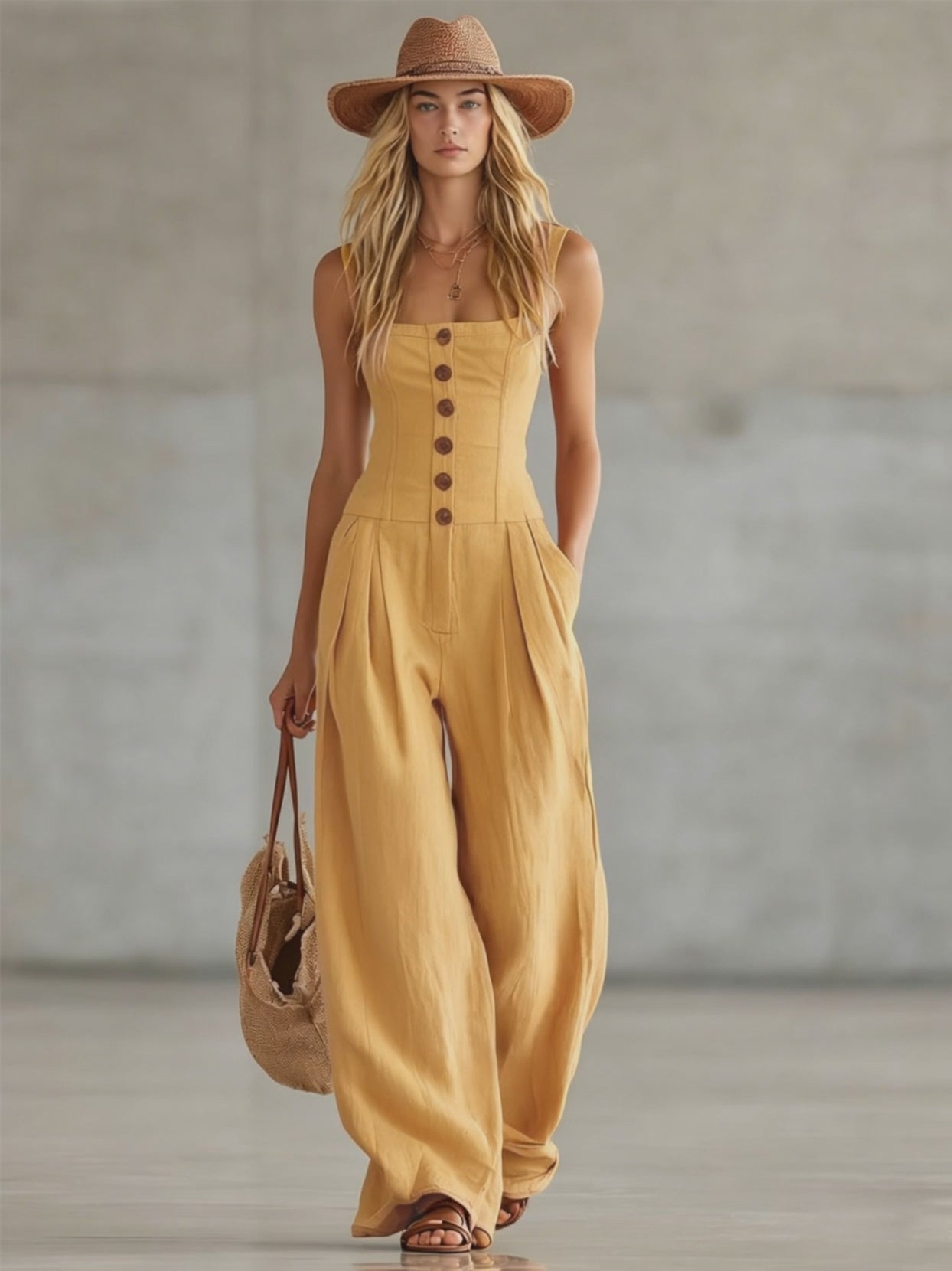 Retro-style Wide-strap Single-breasted Cotton-linen Sleeveless Jumpsuit