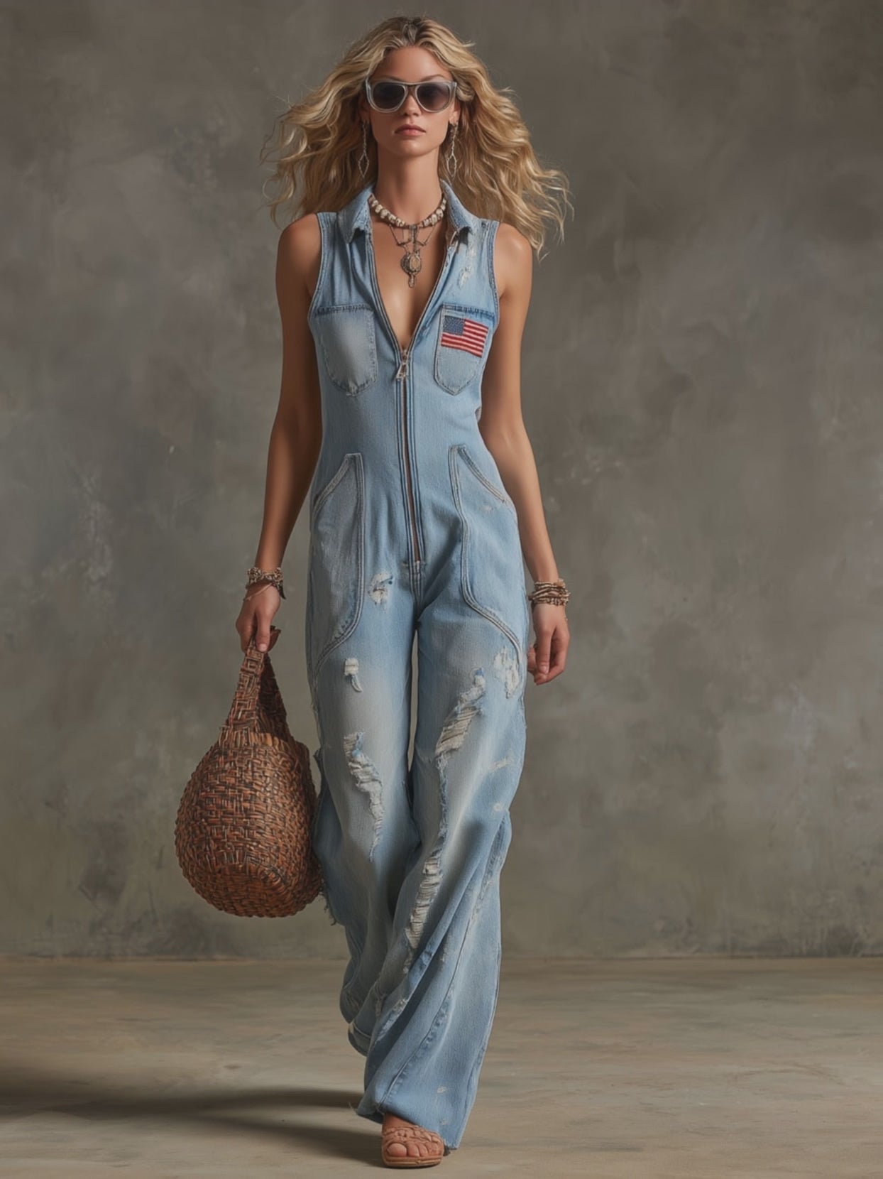 Western Retro American Flag Ripped Light Blue Denim Sleeveless Jumpsuit