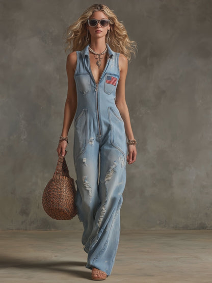 Western Retro American Flag Ripped Light Blue Denim Sleeveless Jumpsuit