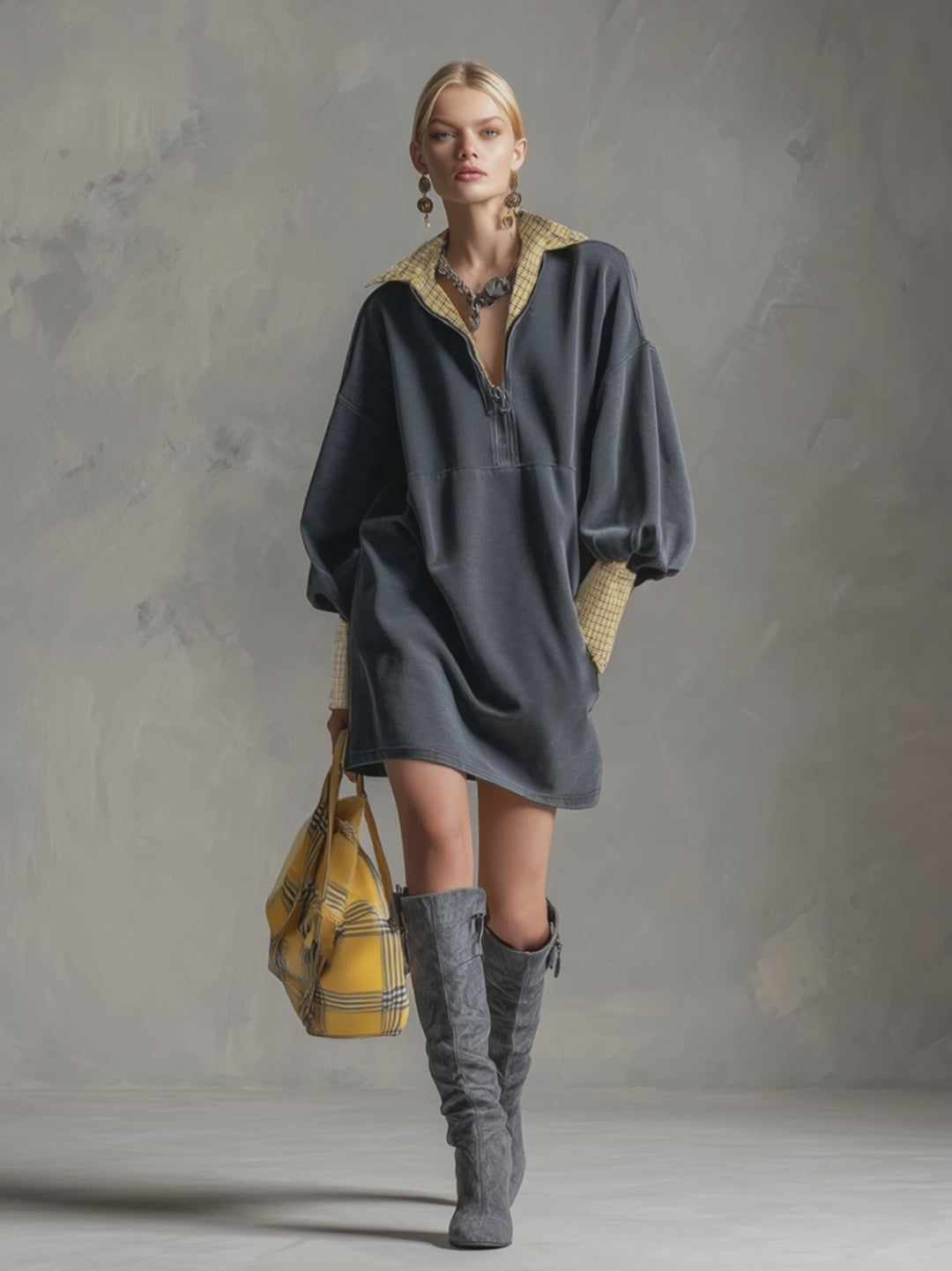 Casual Sporty Plaid Trim Gray Washed Cotton Sweatshirt Mini Dress