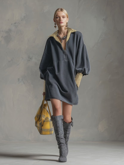 Casual Sporty Plaid Trim Gray Washed Cotton Sweatshirt Mini Dress