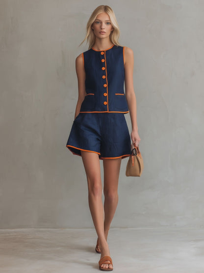 Casual Retro Color-blocked Blue Sleeveless Button-down Top And Shorts Set