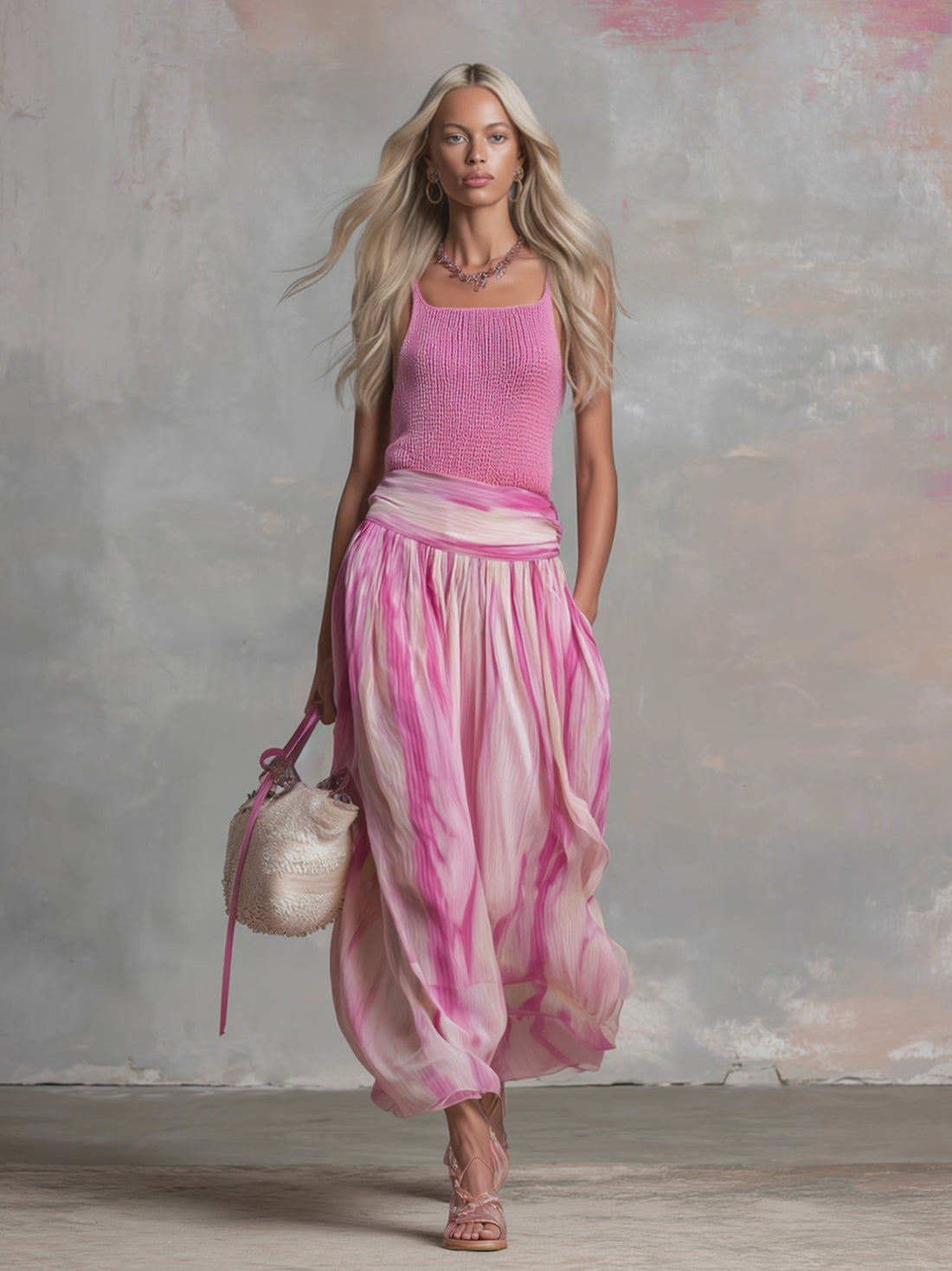 Retro-style Knitted Camisole Top And Printed Chiffon Skirt Set