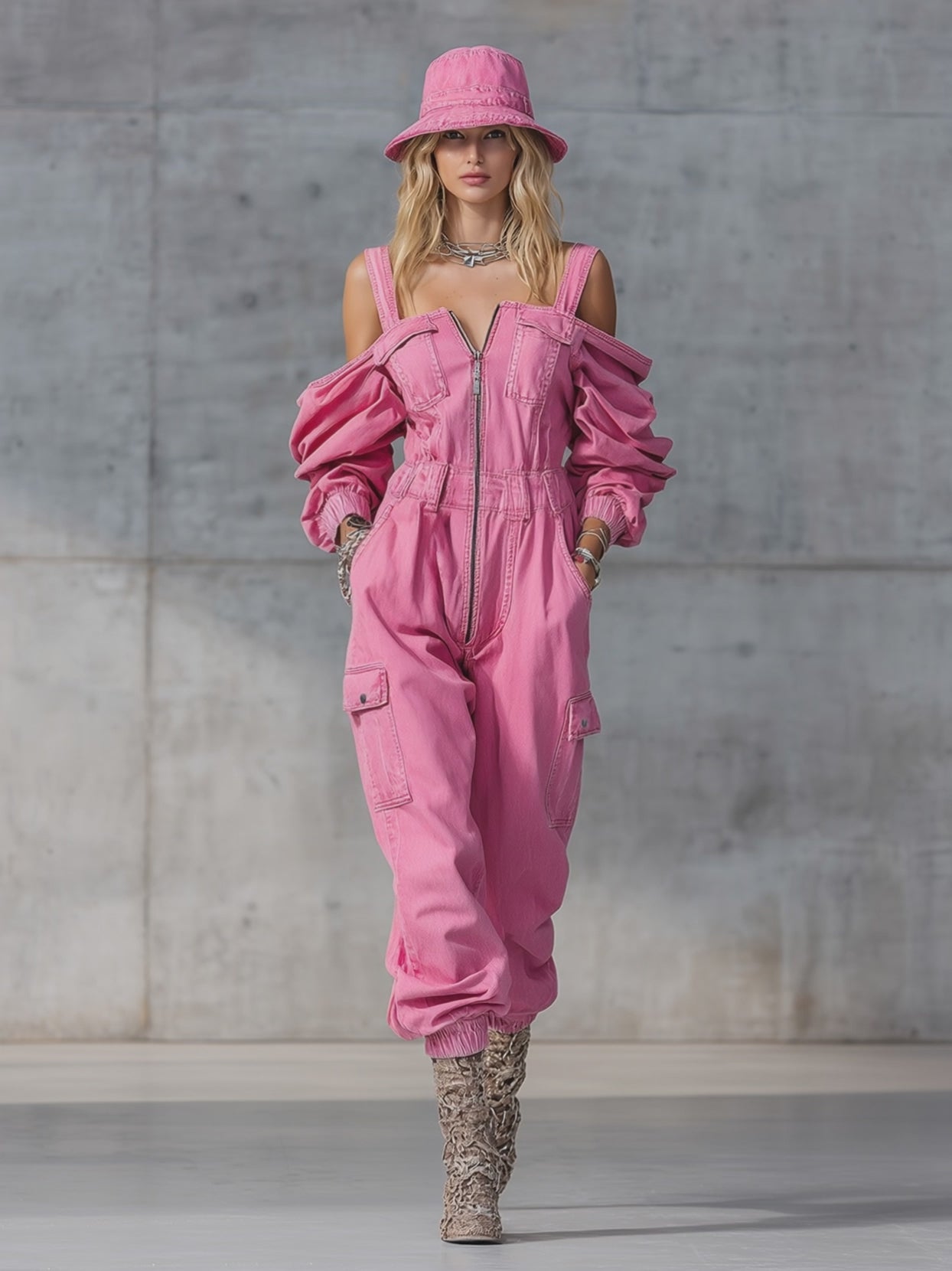 Stylish And Modern Long-sleeved Strappy Tapered Legs Pink Denim Jumpsuit