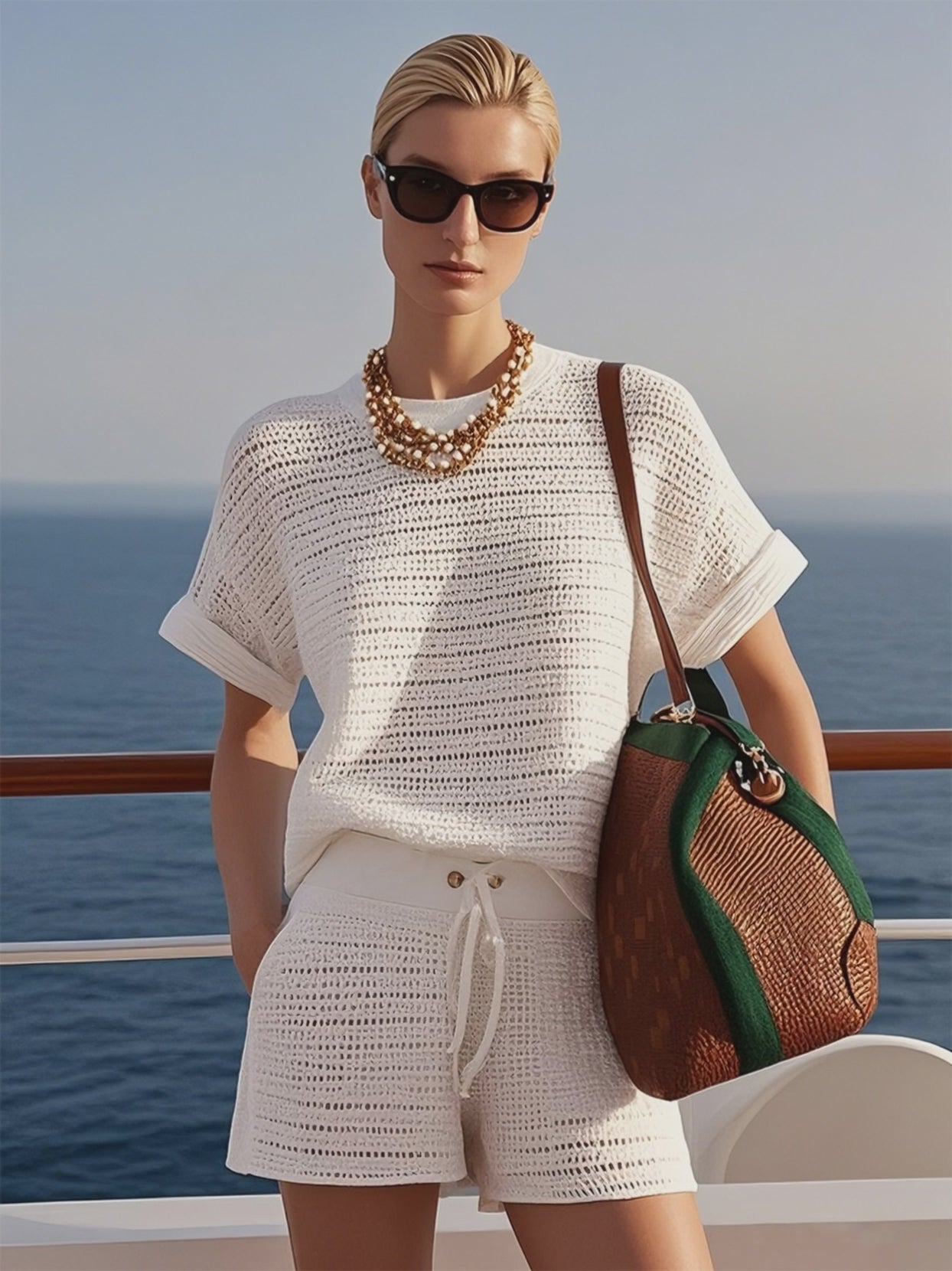 Casual Fashionable Holiday Style Hollow Knitted White Short-Sleeved Shorts Suit