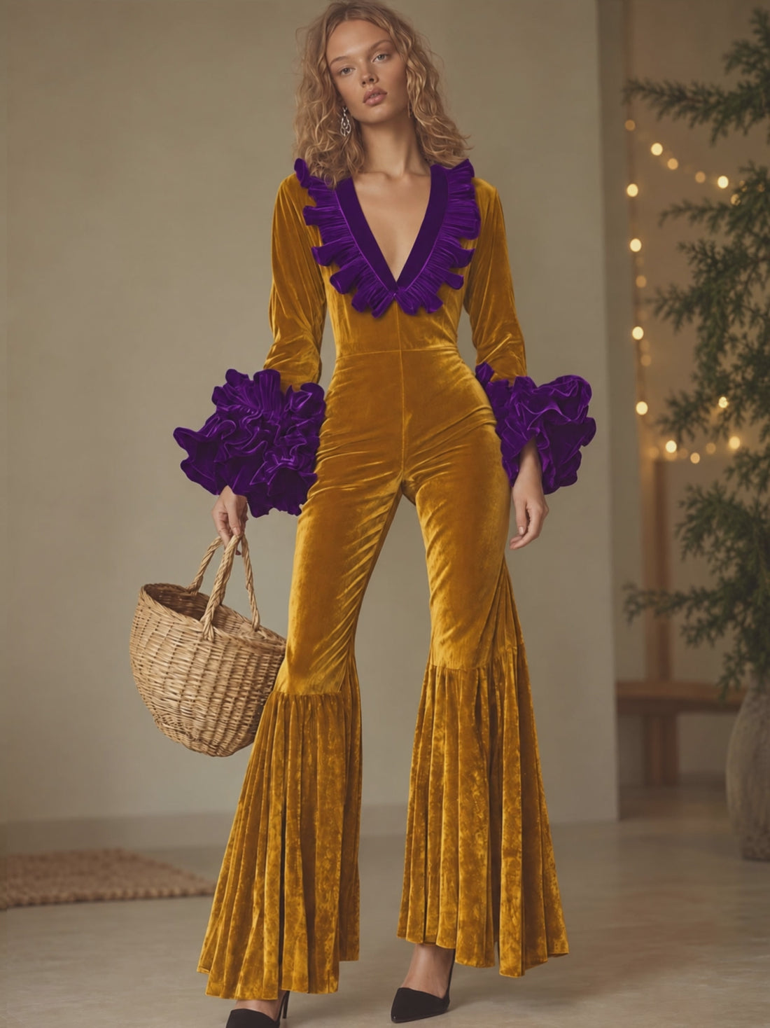 Fashion Party Purple Ruffle Long Sleeve Flared Gold Velvet Jumpsuit