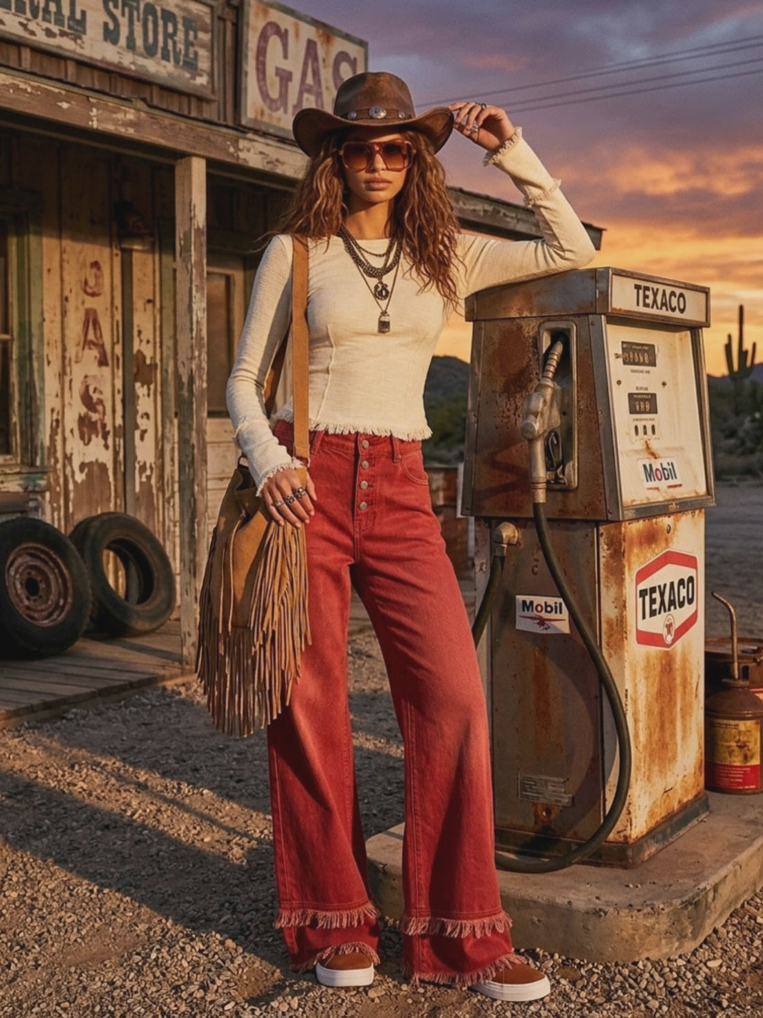 Western Retro Frayed Red Jeans