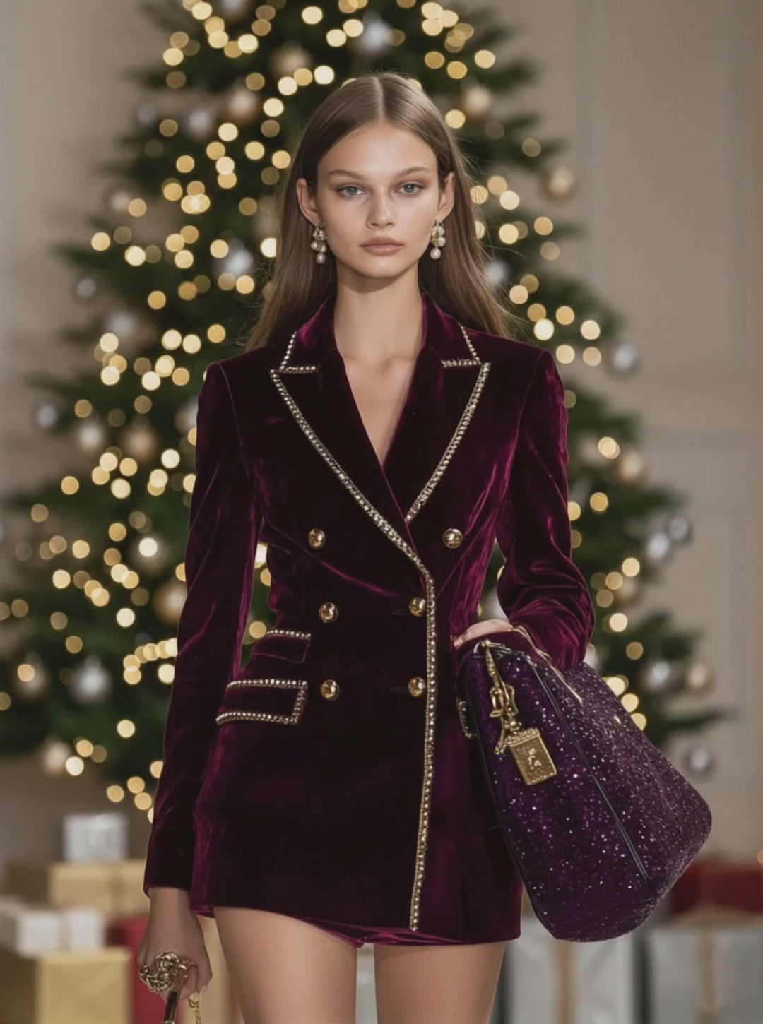 【24-hour shipping out】Casual Vintage Burgundy Velvet Gold Trim Double Breasted Suit Mini Dress