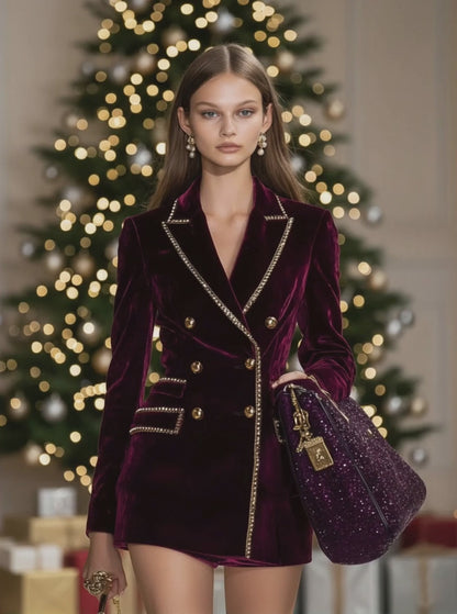 【24-hour shipping out】Casual Vintage Burgundy Velvet Gold Trim Double Breasted Suit Mini Dress