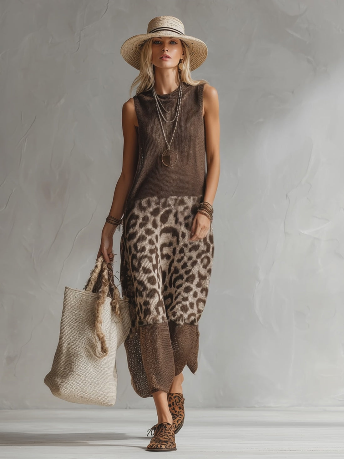 Elegant Brown Leopard Print Mesh Breathable Knit Sleeveless Maxi Dress