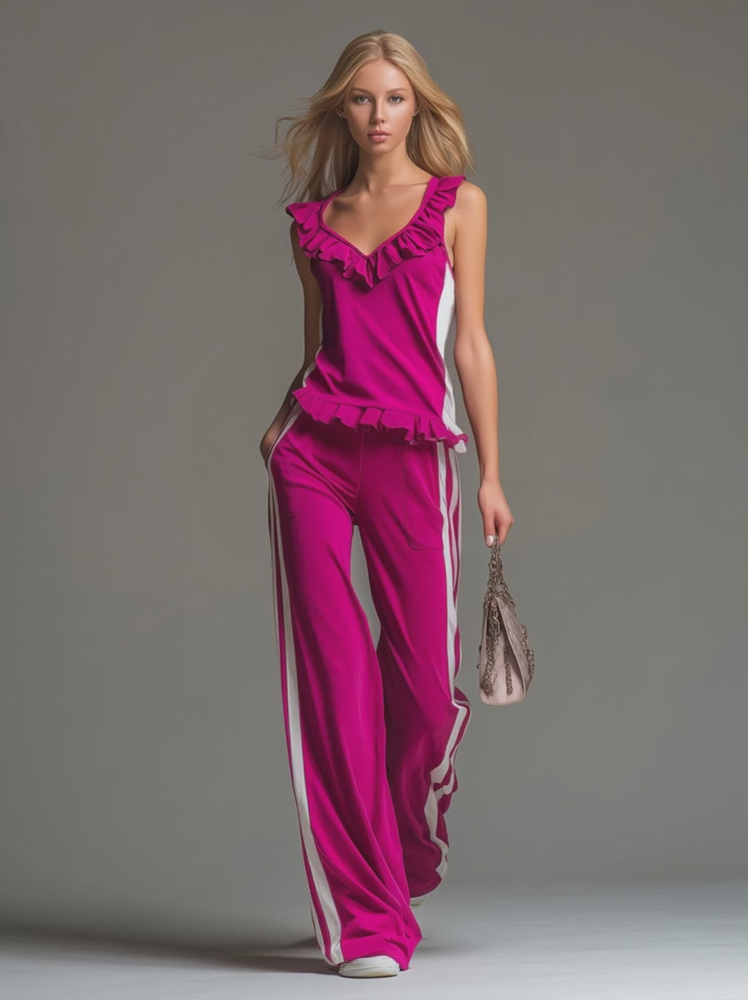 Sporty And Stylish Ruffled Sleeveless Top And Trousers Set