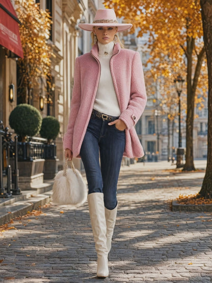 Casual Vintage Pink Polar Fleece Zip-Up Jacket Coat