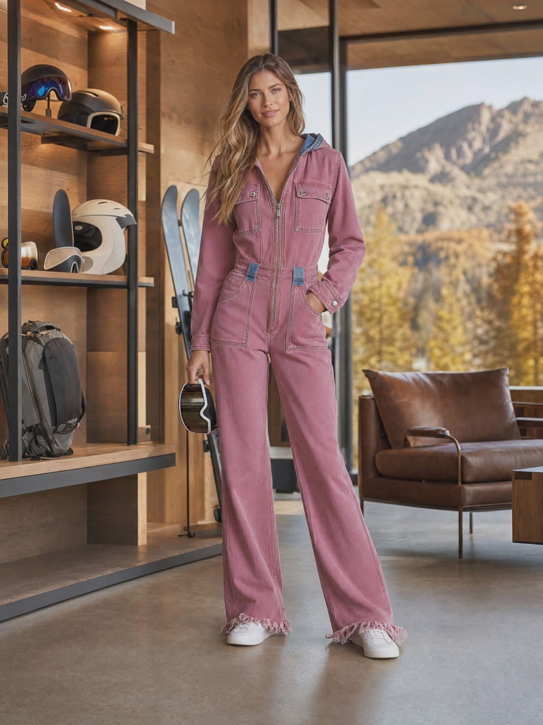 Retro Lotus-pink Hooded Zip Distressed Raw-hem Wide-leg Jumpsuit