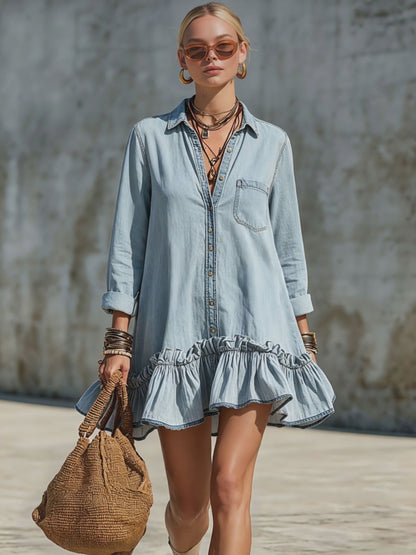 Casual Retro Light Blue Denim Long-sleeved Ruffle Mini Dress