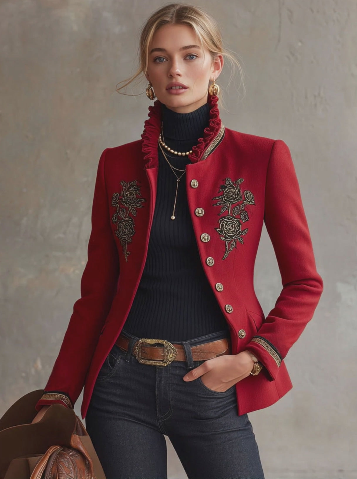 Ruffled Stand-up Collar Single-breasted Rose Embroidered Woolen Jacket