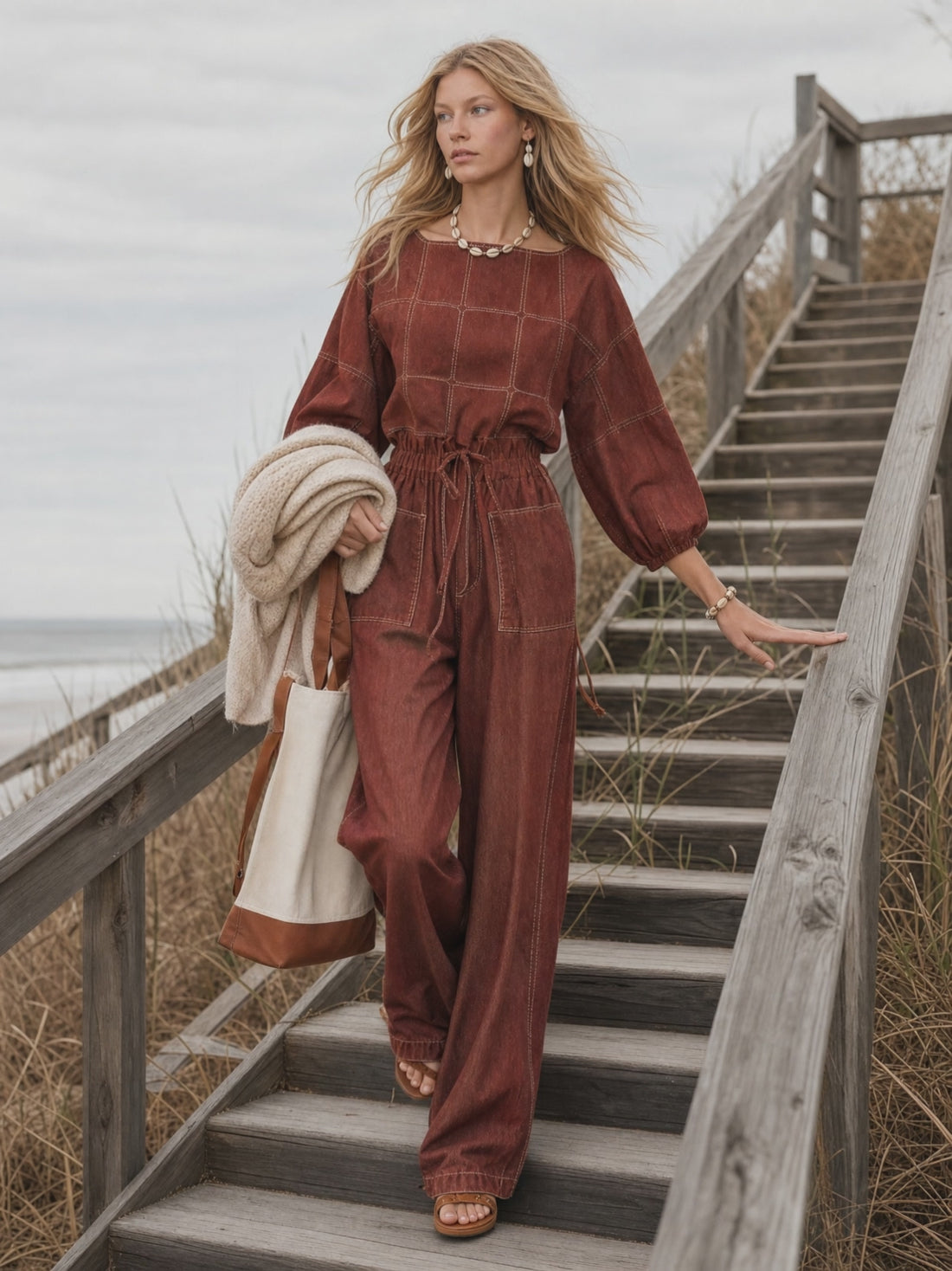 Retro Puff-sleeve Elastic-waist Wide-leg Denim Jumpsuit