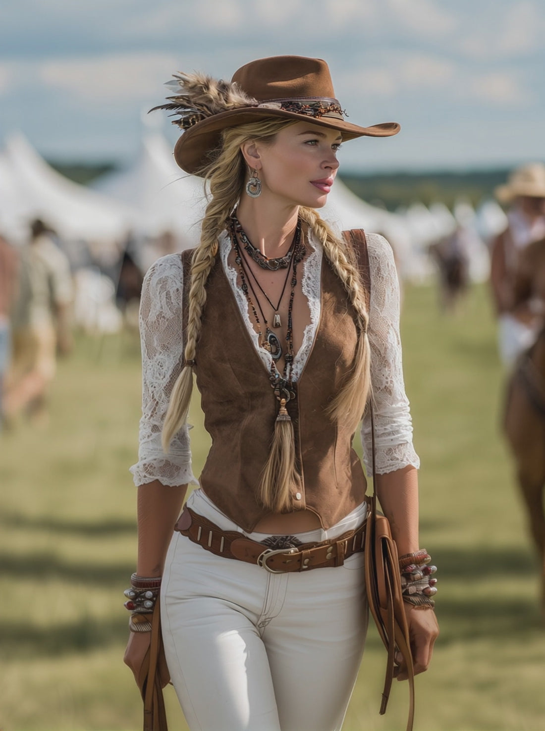 Romantic Western Style Lace Sleeves Brown Suede Shirt